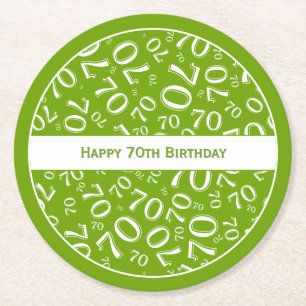 "Happy 70th Birthday" Green/White Number Pattern Round Paper Coaster