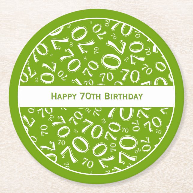 "Happy 70th Birthday" Green/White Number Pattern Round Paper Coaster (Front)