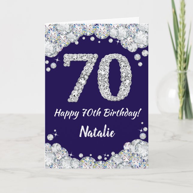Happy 70th Birthday Navy Blue and Silver Glitter Card (Front)