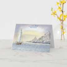 Happy 70th Birthday Ocean Boat Watercolor Card