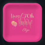 Happy 70th Birthday Ornate Script Gold Pink Paper Plate<br><div class="desc">Happy 70th Birthday Name Ornate Script Gold Hot Pink. Happy Birthday is set in an ornate script,  and the age is in a cordinating typeface with name in script at the bottom. Easily personalise the name and age as required.</div>