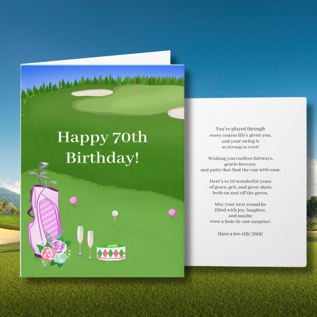 Happy 70th Birthday Pink Golf Bag On Golf Course Card (Creator Uploaded)