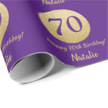 Happy 70th Birthday Purple and Gold Glitter Wrapping Paper<br><div class="desc">Happy 70th Birthday Purple and Gold Glitter Wrapping Paper with personalised name. For further customisation,  please click the "Customise it" button and use our design tool to modify this template.</div>