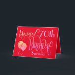 Happy 70th Birthday Stylish Script Name Red Card<br><div class="desc">A stylish design of ornate typography to send Happy 70th Birthday wishes. The decorative script is in shades of lemon and lilac, and the age is in a cordinating typeface in soft lilac, along with your recipient’s name, on a red background. You can change the message inside to your own...</div>