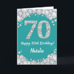 Happy 70th Birthday Teal and Silver Glitter Card<br><div class="desc">Happy 70th Birthday Teal Turquoise Aqua and Silver Glitter Card with personalised name. For further customisation,  please click the "Customise it" button and use our design tool to modify this template.</div>