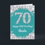 Happy 70th Birthday Teal and Silver Glitter Card<br><div class="desc">Happy 70th Birthday Teal Turquoise Aqua and Silver Glitter Card with personalised name. For further customisation,  please click the "Customise it" button and use our design tool to modify this template.</div>