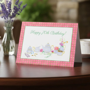 Happy 70th Birthday Watercolor Tea Set Card