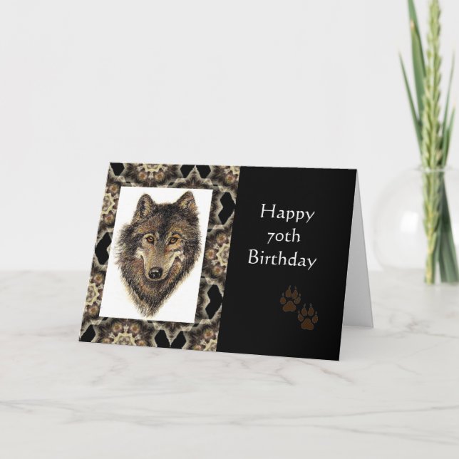 Happy 70th Birthday with Watercolor Wolf Card (Front)