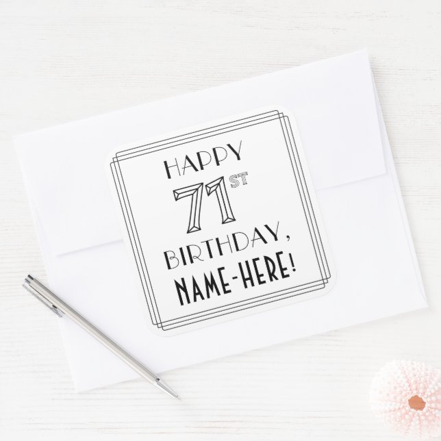 HAPPY 71ST BIRTHDAY, Art Deco Style, Custom Name Square Sticker (Envelope)