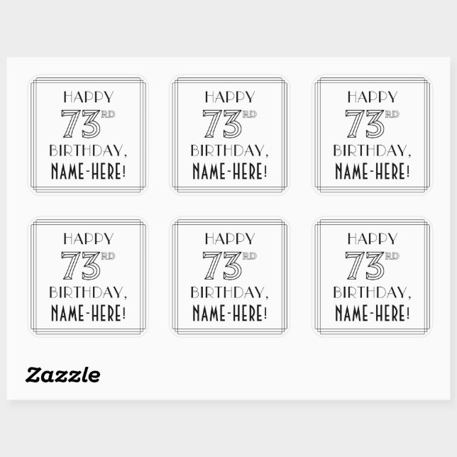 HAPPY 73RD BIRTHDAY, Art Deco Style, Custom Name Square Sticker (Sheet)