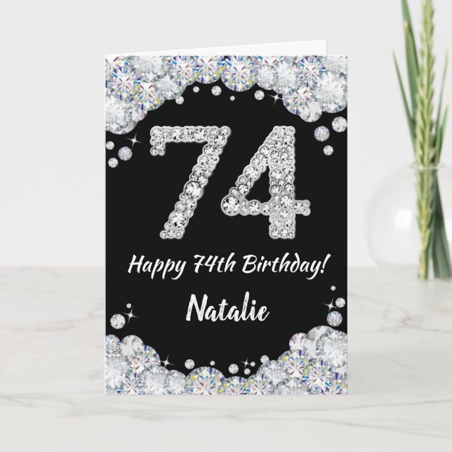 Happy 74th Birthday Black and Silver Glitter Card (Front)
