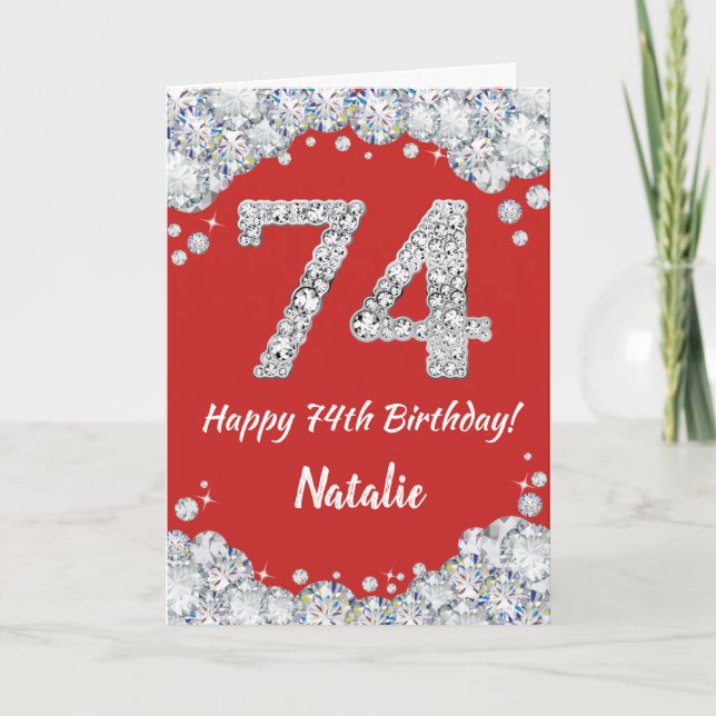 Happy 74th Birthday Red and Silver Glitter Card (Front)