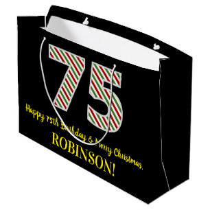 Happy 75th Birthday & Merry Christmas, Custom Name Large Gift Bag