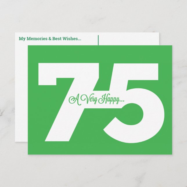 Happy 75th Birthday Milestone Postcards - in green (Front/Back)
