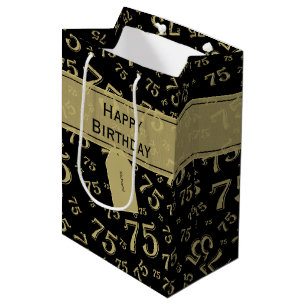 Happy 75th Birthday Party Theme Gold and Black Medium Gift Bag