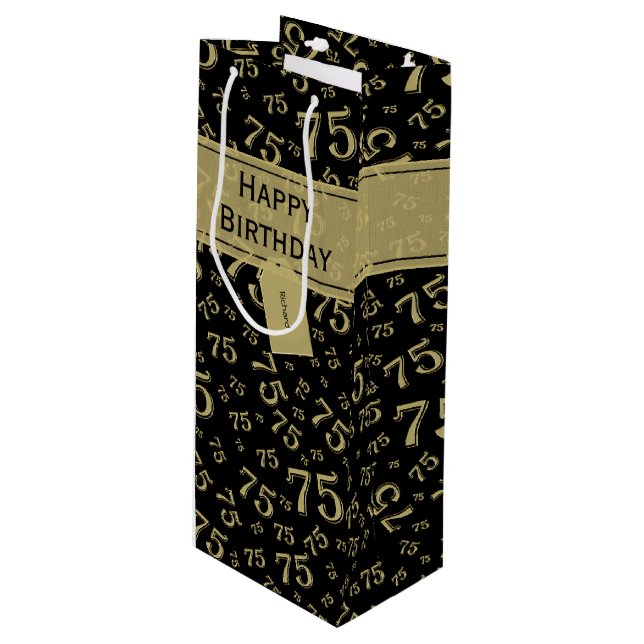 Happy 75th Birthday Party Theme Gold and Black Wine Gift Bag (Front Angled)