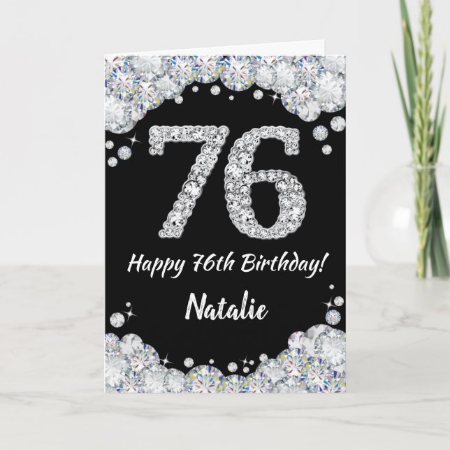 Happy 76th Birthday Black and Silver Glitter Card (Front)