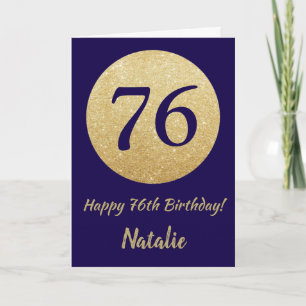 Happy 76th Birthday Navy Blue and Gold Glitter Card