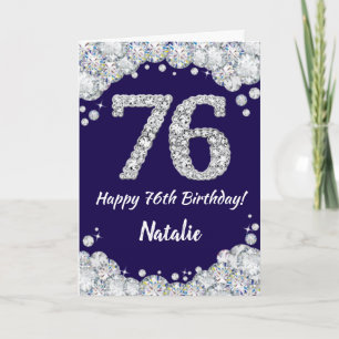 Happy 76th Birthday Navy Blue and Silver Glitter Card