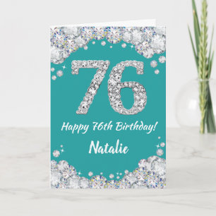 Happy 76th Birthday Teal and Silver Glitter Card