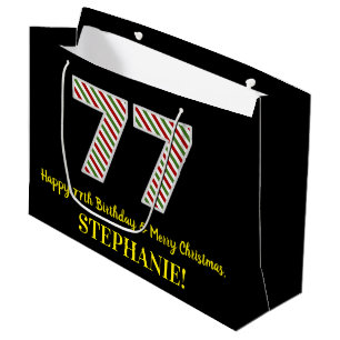 Happy 77th Birthday & Merry Christmas, Custom Name Large Gift Bag