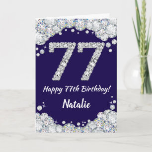 Happy 77th Birthday Navy Blue and Silver Glitter Card