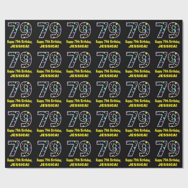 Happy 79th Birthday, Fun Colourful Stars Pattern 7 Wrapping Paper (Flat)