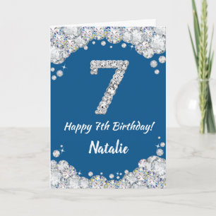Happy 7th Birthday Blue and Silver Glitter Card