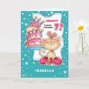 Happy 7th Birthday. Custom Name Fun Kitty and Mice Card
