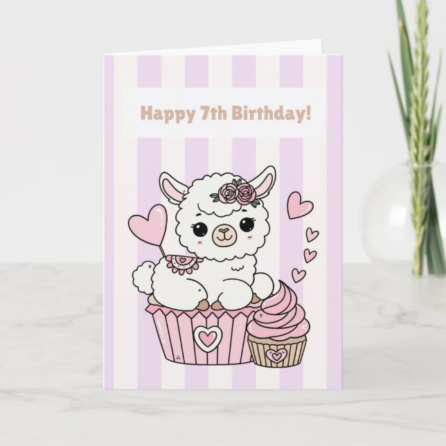 Happy 7th Birthday Cute Llama Girl Card (Front)