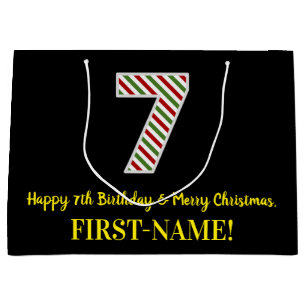 Happy 7th Birthday & Merry Christmas, Custom Name Large Gift Bag
