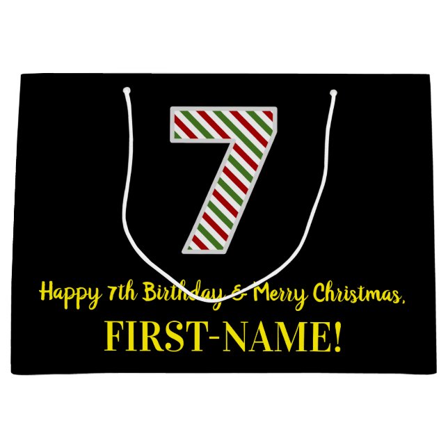 Happy 7th Birthday & Merry Christmas, Custom Name Large Gift Bag (Front)