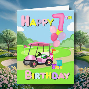 Happy 7th Birthday Polka Dot Pink Girly Golf Card