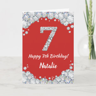 Happy 7th Birthday Red and Silver Glitter Card