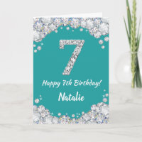 Happy 7th Birthday Teal and Silver Glitter Card