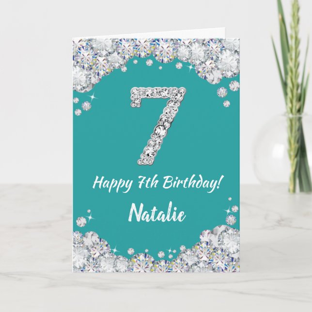 Happy 7th Birthday Teal and Silver Glitter Card (Front)