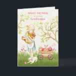 Happy 7th Birthday to Granddaughter Card<br><div class="desc">Cute watercolor happy 7th birthday for young granddaughter,  featuring a country girl hugging a rooster while a kitten looks over a wagon full of strawberries and watches a puppy playing with a ball of string in the green grass.</div>