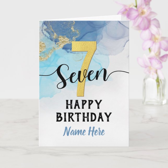 Happy 7th Birthday Watercolor Blue & gold Boy Card (Orchid)