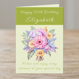 Happy 80th Birthday add name floral green Card