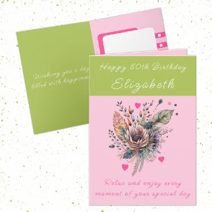 Happy 80th Birthday add name floral pink Card