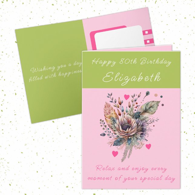 Happy 80th Birthday add name floral pink Card (Creator Uploaded)