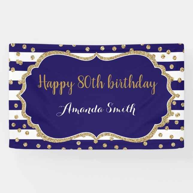 Happy 80th Birthday Banner. Navy Blue Gold Glitter Banner (Horizontal)
