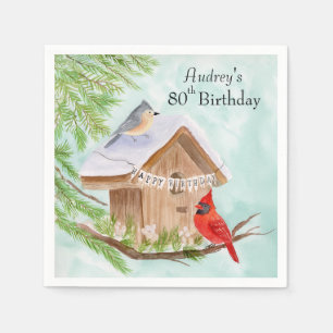 Happy 80th Birthday Birds at Birdhouse Napkin