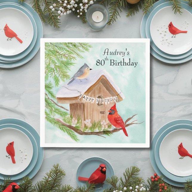  Happy 80th Birthday Birds at Birdhouse Napkin (Creator Uploaded)
