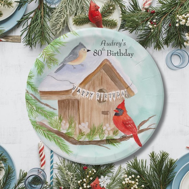 Happy 80th Birthday Birds at Birdhouse Paper Plate (Creator Uploaded)