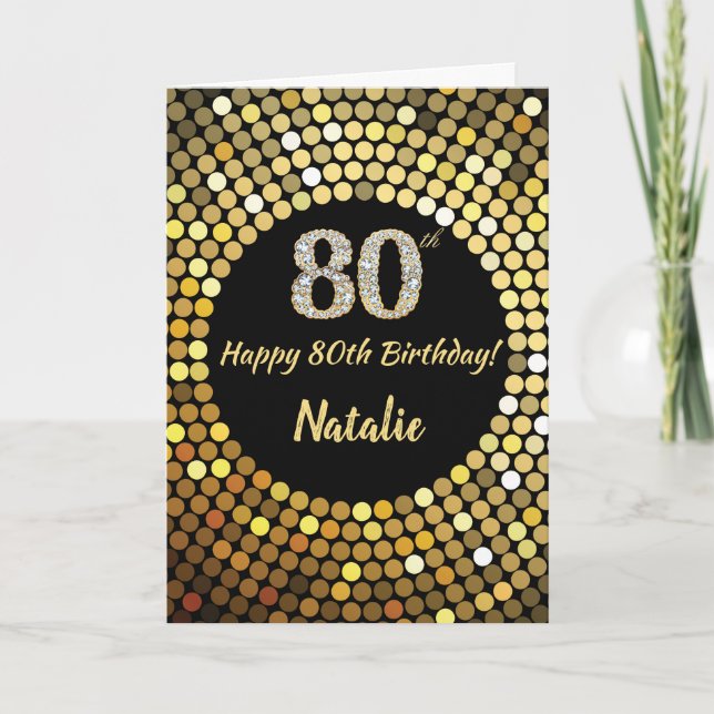Happy 80th Birthday Black and Gold Glitter Card (Front)