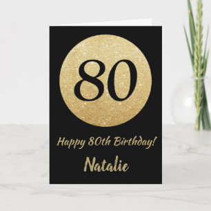 Happy 80th Birthday Black and Gold Glitter Card
