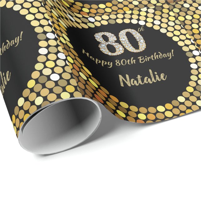 Happy 80th Birthday Black and Gold Glitter Wrapping Paper (Roll Corner)