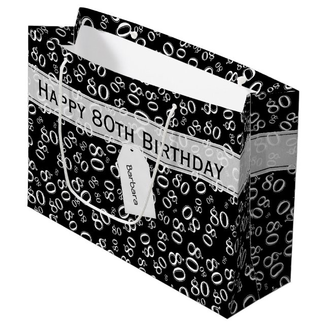 Happy 80th Birthday Black/White Number Pattern Large Gift Bag (Front Angled)