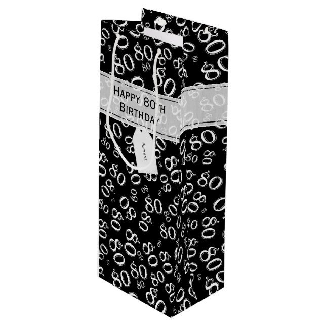Happy 80th Birthday Black/White Number Pattern Wine Gift Bag (Front Angled)
